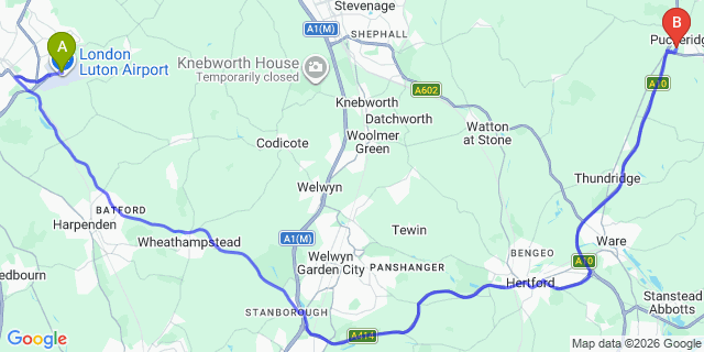 Map: London Luton Airport (LTN) to London - Greenwich