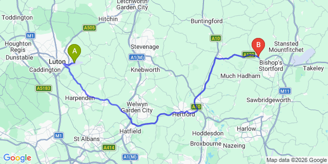 Map: London Luton Airport (LTN) to London - Hainault