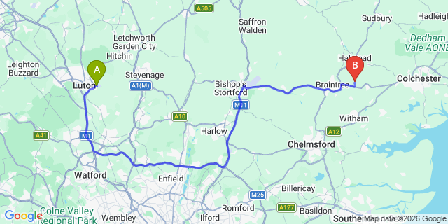 Map: London Luton Airport (LTN) to London - Halstead