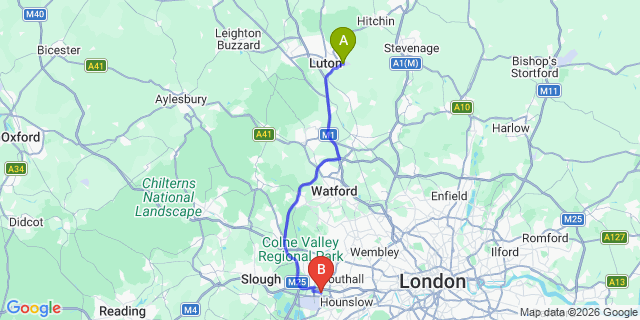 Map: London Luton Airport (LTN) to London - Harlington