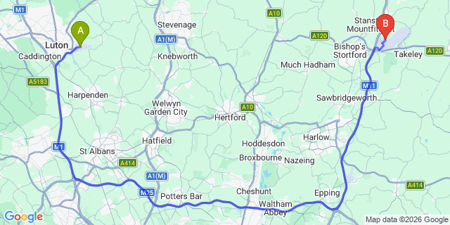Map: London Luton Airport (LTN) to London - Harold Hill