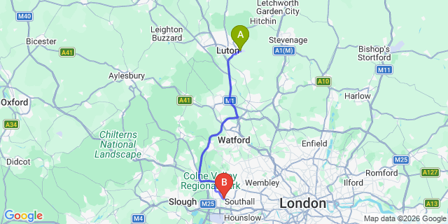 Map: London Luton Airport (LTN) to London - Hayes