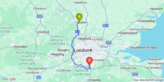 Map: London Luton Airport (LTN) to London - Hooley