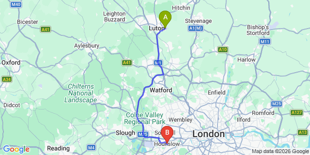 Map: London Luton Airport (LTN) to London - Hunslow