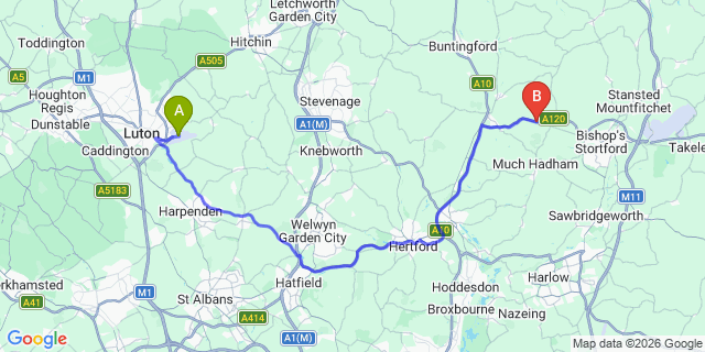 Map: London Luton Airport (LTN) to London - Illford