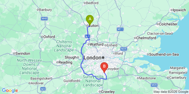 Map: London Luton Airport (LTN) to London - Kenley