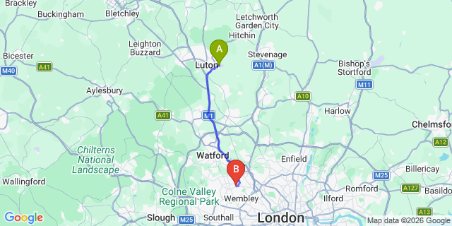 Map: London Luton Airport (LTN) to London - Kenton