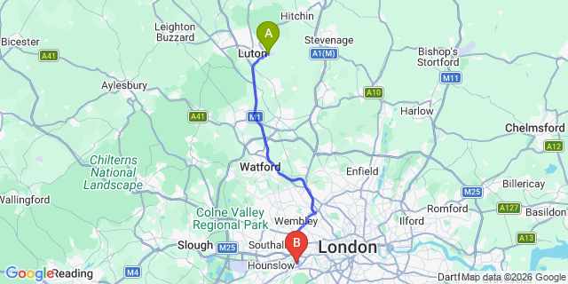Map: London Luton Airport (LTN) to London - Kew