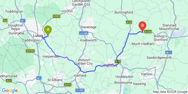 Map: London Luton Airport (LTN) to London - Loughton