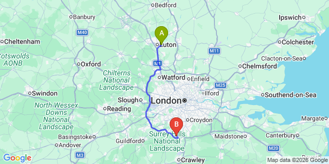 Map: London Luton Airport (LTN) to London - Lower Kingswood