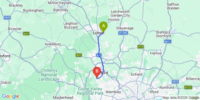 Map: London Luton Airport (LTN) to London - Moor Park