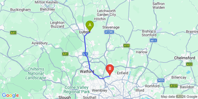 Map: London Luton Airport (LTN) to London N20