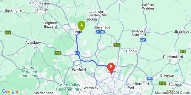 Map: London Luton Airport (LTN) to London N21