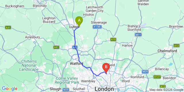 Map: London Luton Airport (LTN) to London N22