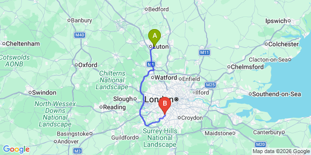 Map: London Luton Airport (LTN) to London - New Malden