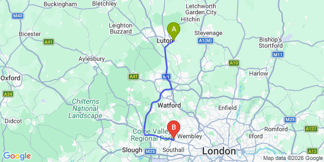 Map: London Luton Airport (LTN) to London - Northolt