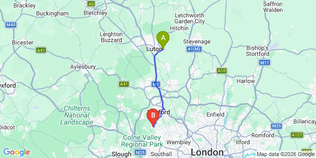 Map: London Luton Airport (LTN) to London - Northwood