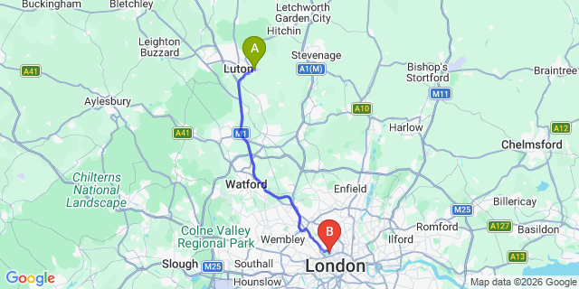 Map: London Luton Airport (LTN) to London NW1