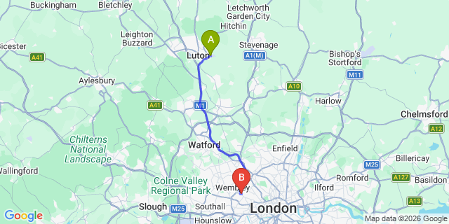 Map: London Luton Airport (LTN) to London NW10