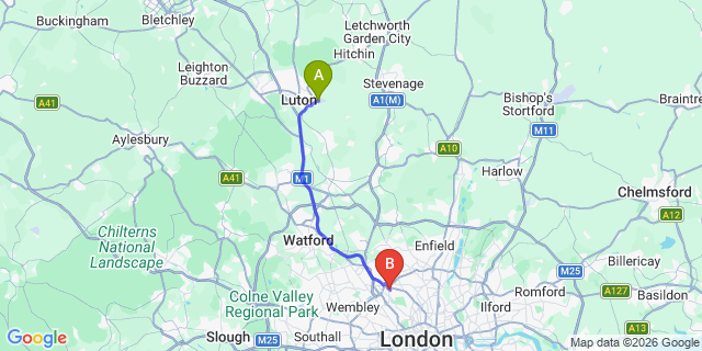 Map: London Luton Airport (LTN) to London NW11