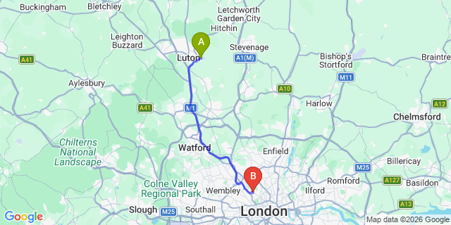 Map: London Luton Airport (LTN) to London NW3