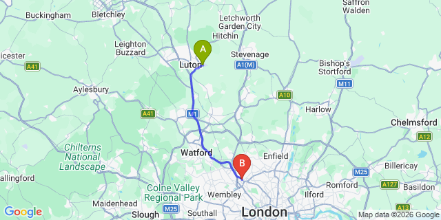 Map: London Luton Airport (LTN) to London NW4