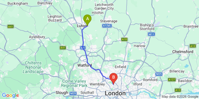 Map: London Luton Airport (LTN) to London NW5