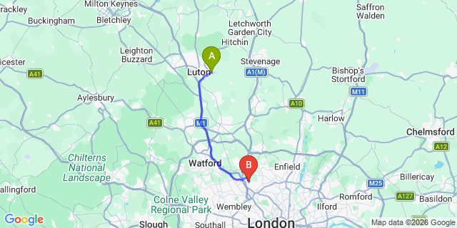 Map: London Luton Airport (LTN) to London NW7