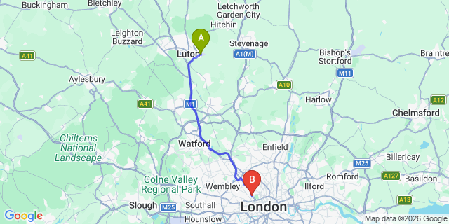 Map: London Luton Airport (LTN) to London NW8