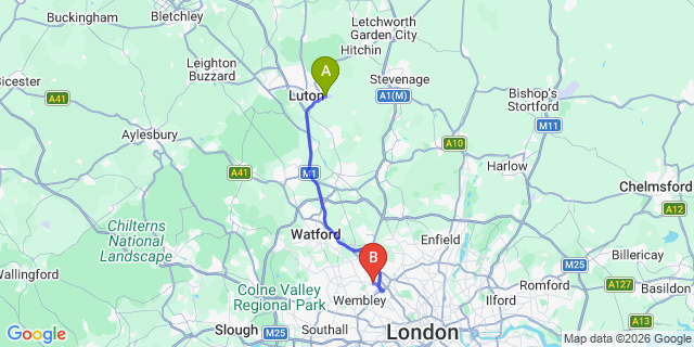 Map: London Luton Airport (LTN) to London NW9