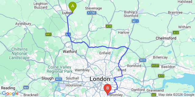 Map: London Luton Airport (LTN) to London - Penge