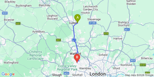 Map: London Luton Airport (LTN) to London - Pinner