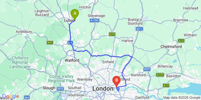 Map: London Luton Airport (LTN) to London - Poplar