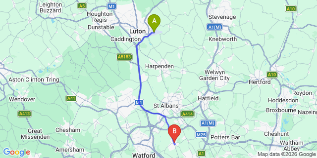 Map: London Luton Airport (LTN) to London - Radlett