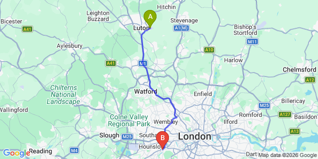 Map: London Luton Airport (LTN) to London - Richmond