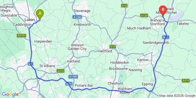 Map: London Luton Airport (LTN) to London - Romford