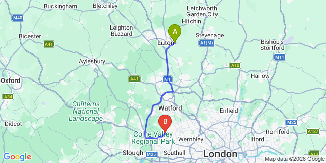 Map: London Luton Airport (LTN) to London - Ruislip