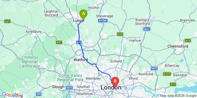 Map: London Luton Airport (LTN) to London SE1