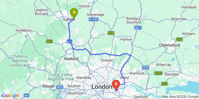 Map: London Luton Airport (LTN) to London SE10
