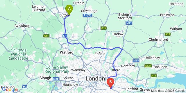 Map: London Luton Airport (LTN) to London SE12