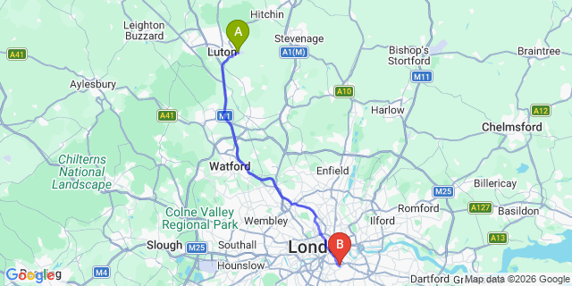 Map: London Luton Airport (LTN) to London SE15