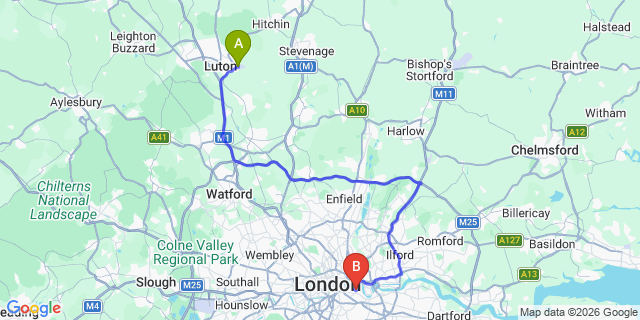 Map: London Luton Airport (LTN) to London SE16