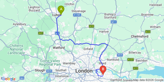 Map: London Luton Airport (LTN) to London SE18