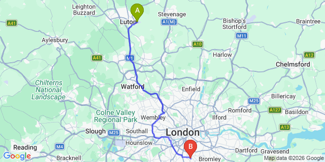 Map: London Luton Airport (LTN) to London SE19