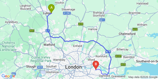 Map: London Luton Airport (LTN) to London SE2