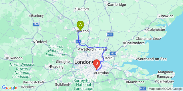 Map: London Luton Airport (LTN) to London SE20