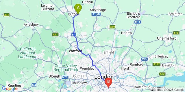 Map: London Luton Airport (LTN) to London SE21