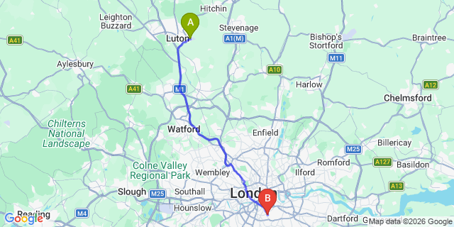 Map: London Luton Airport (LTN) to London SE22