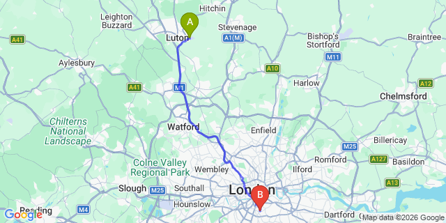 Map: London Luton Airport (LTN) to London SE24