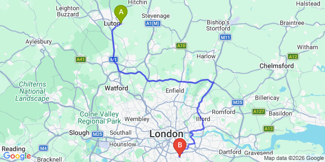 Map: London Luton Airport (LTN) to London SE26